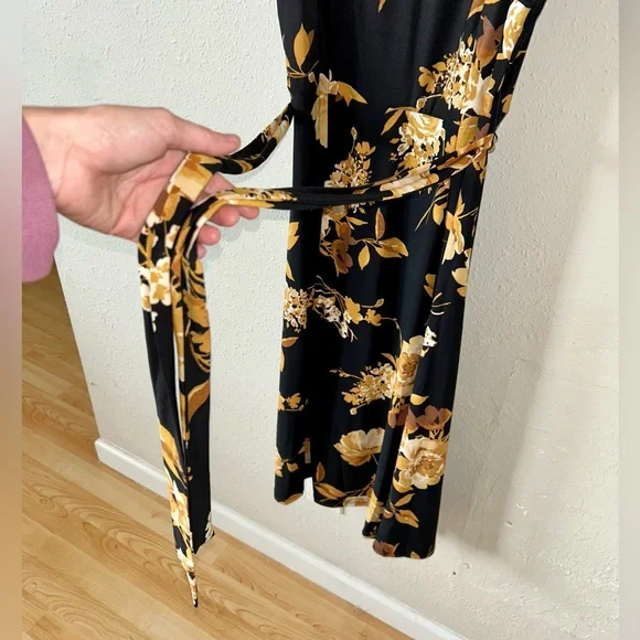 NWT Anne Klein black/mustard yellow floral tie waist sleeveless midi dress sz 6 - Picture 5 of 10